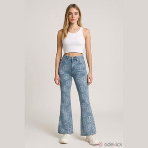 Women's Michael Kors Blue White Peace Sign Print Selma Flare Jeans Size 6